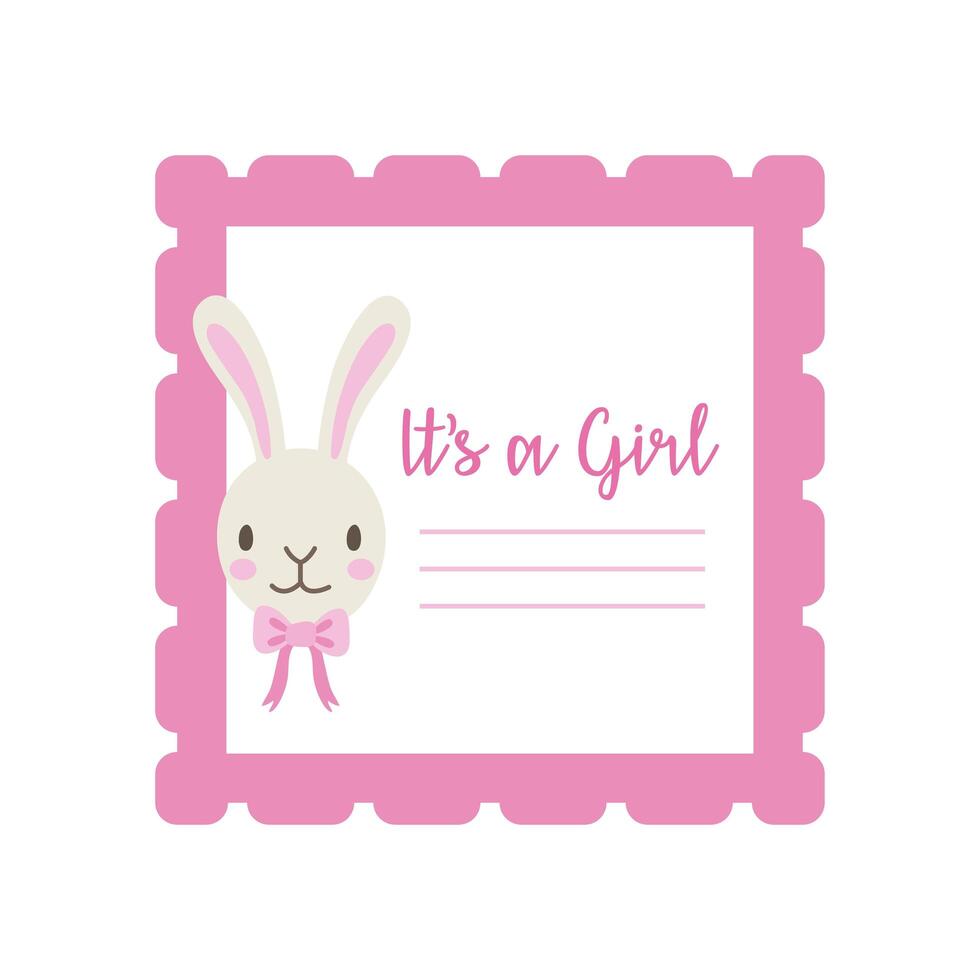 baby shower card with rabbit and lettering it's a girl, hand draw style vector