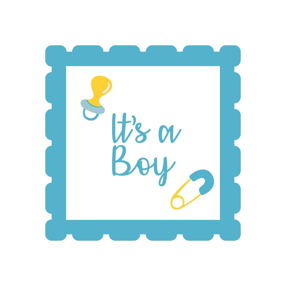baby shower card with pacifier and lettering it's a boy, hand draw style vector