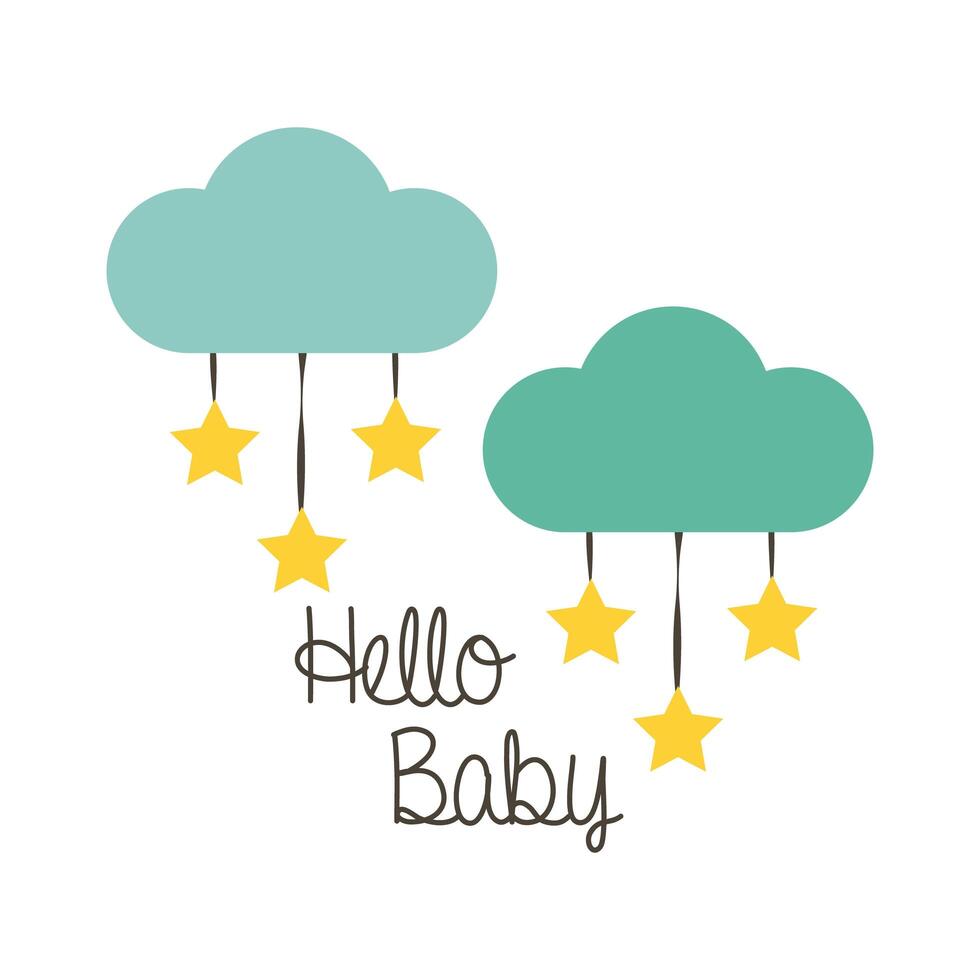 baby shower card with clouds and hello baby lettering, hand draw style vector