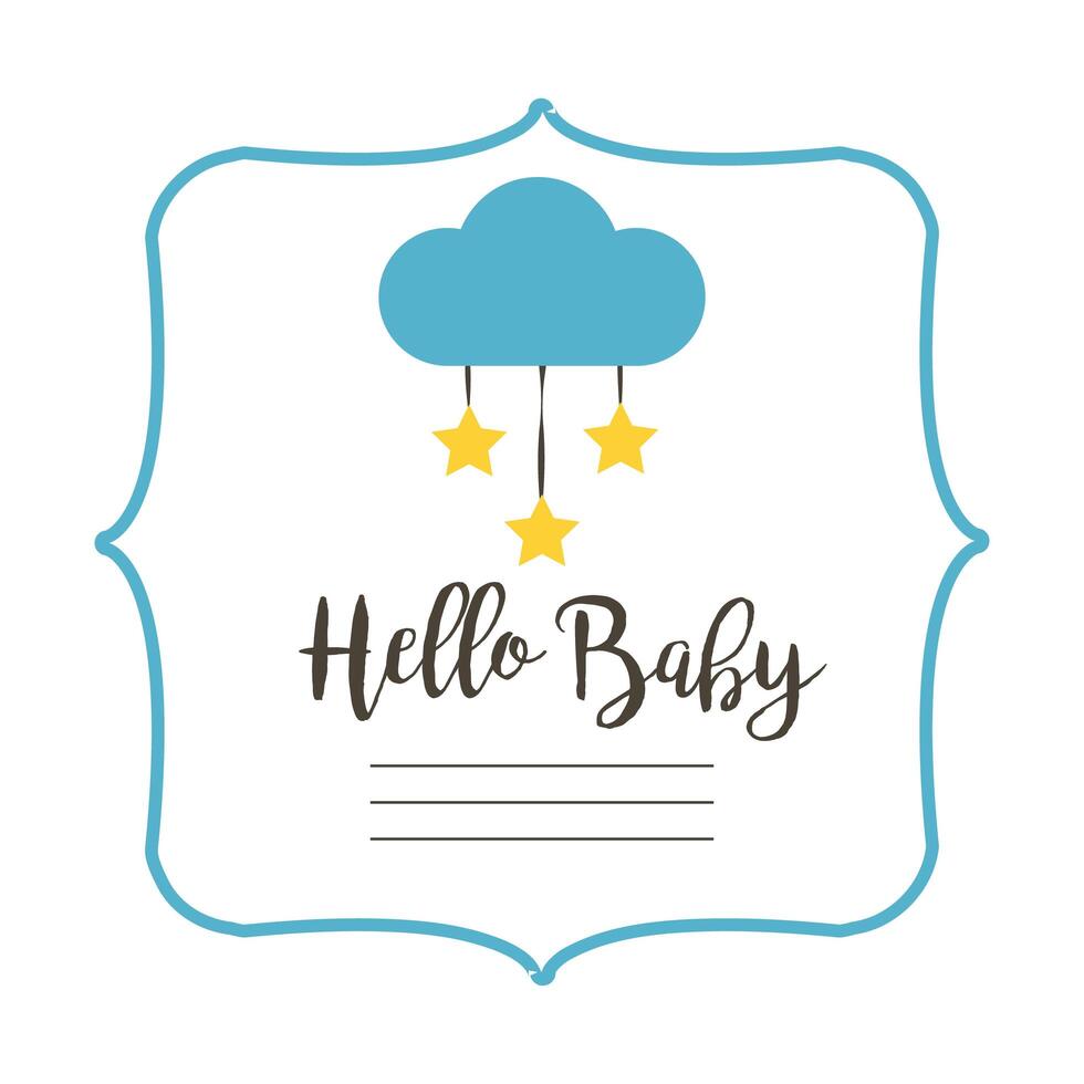 tarjeta de baby shower con letras de nube y hola bebé, estilo de dibujo a mano vector