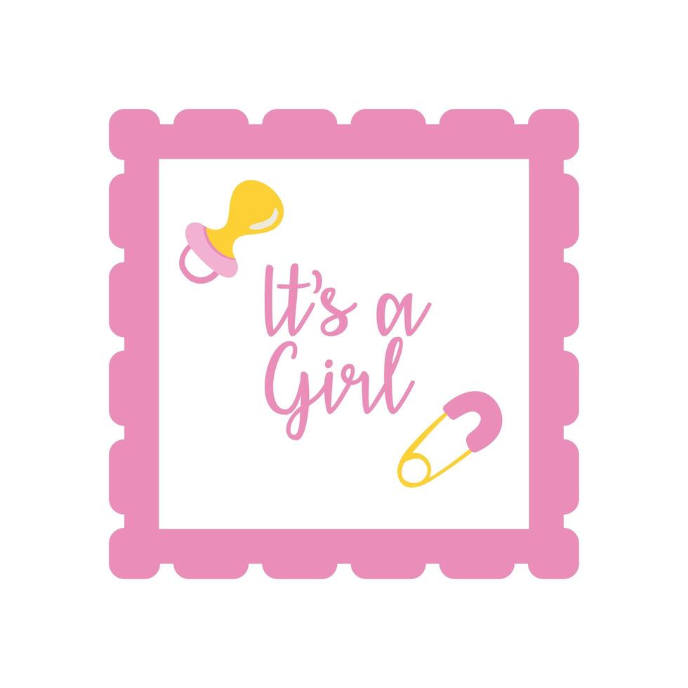baby shower card with pacifier and lettering it's a girl, hand draw style vector