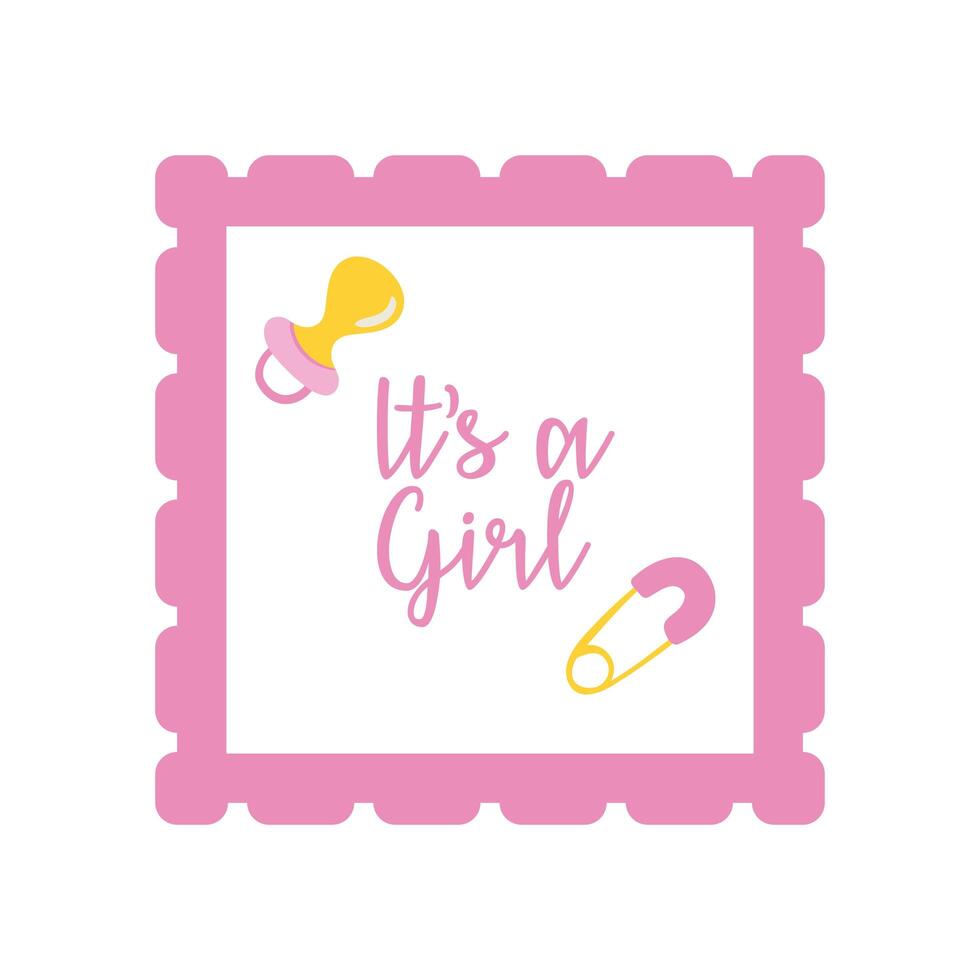 tarjeta de baby shower con chupete y letras es una niña, estilo de dibujo a mano vector