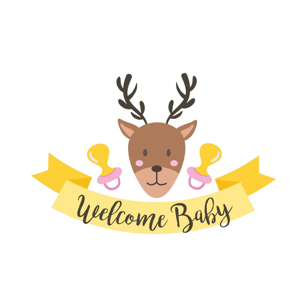 baby shower card with reindeer and welcome baby lettering, hand draw style vector