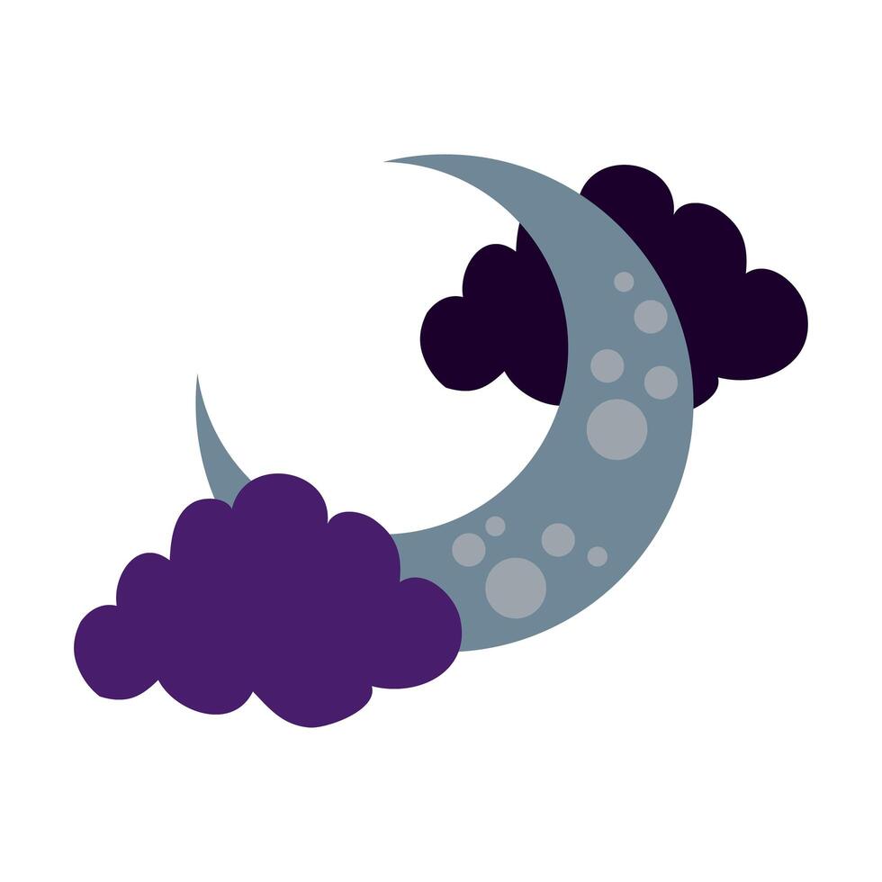 icono de estilo plano de luna creciente y nubes vector