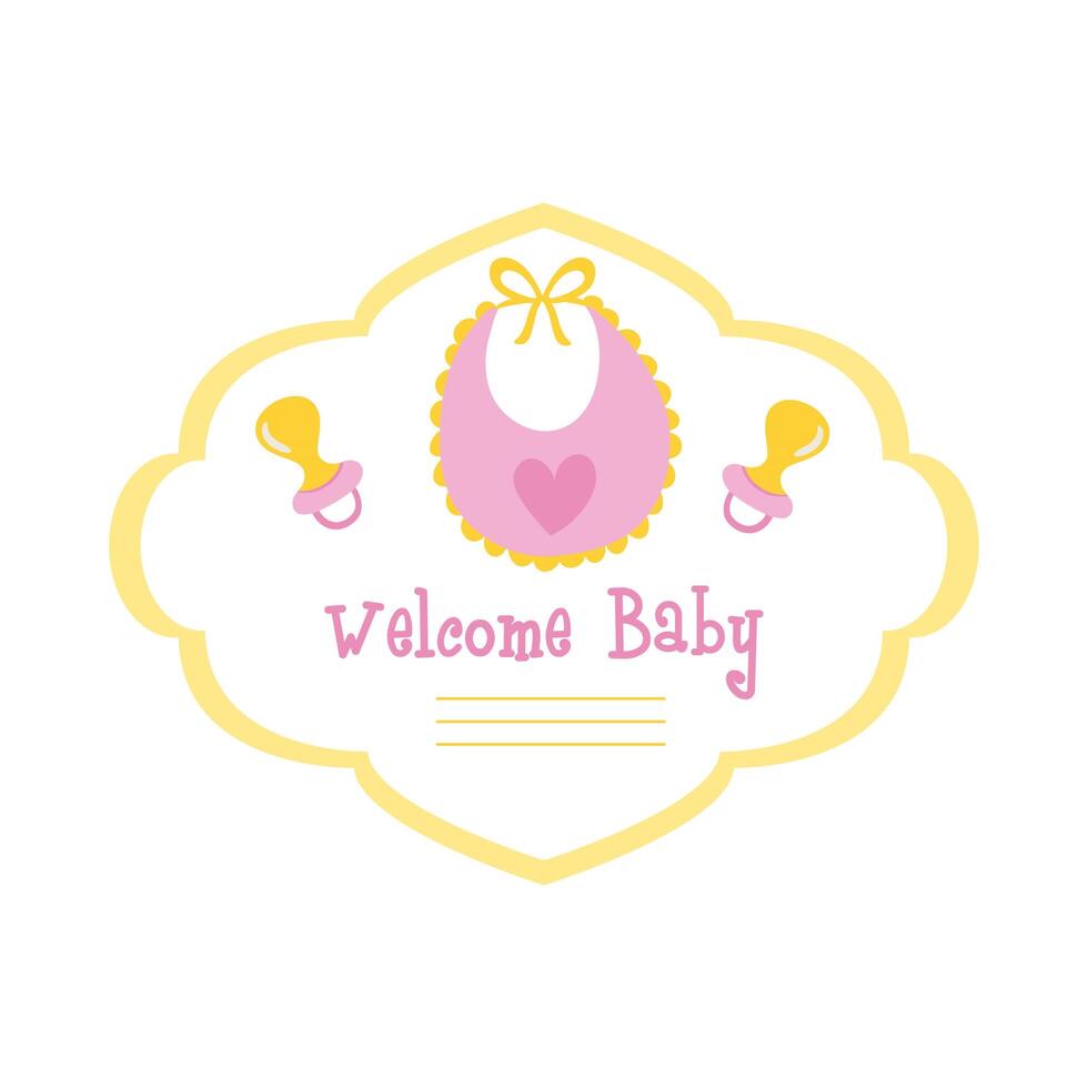 baby shower card with bib and welcome baby lettering, hand draw style vector