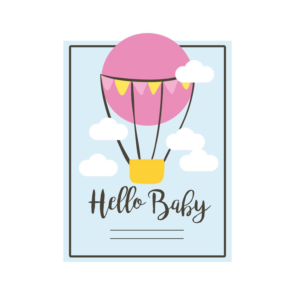 baby shower card with hot air balloon and hello baby lettering, hand draw style vector