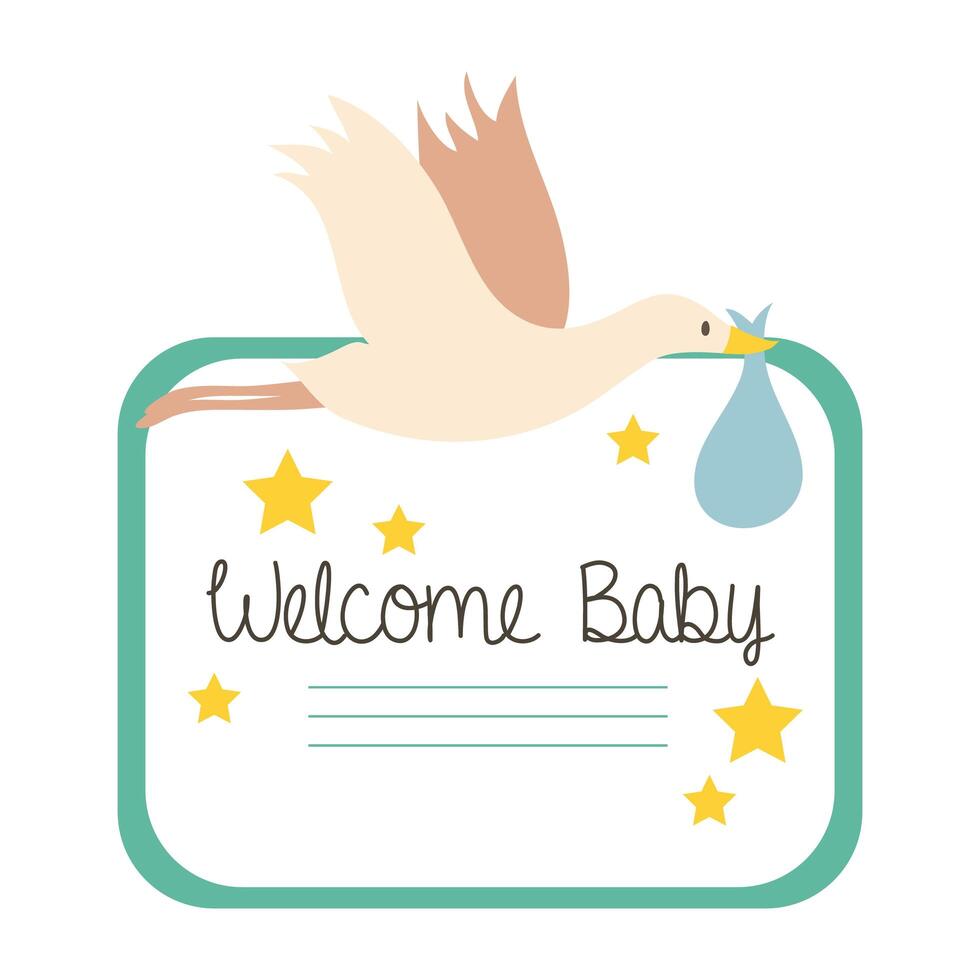 tarjeta de baby shower con cigüeña y letras de bienvenida al bebé, estilo de dibujo a mano vector