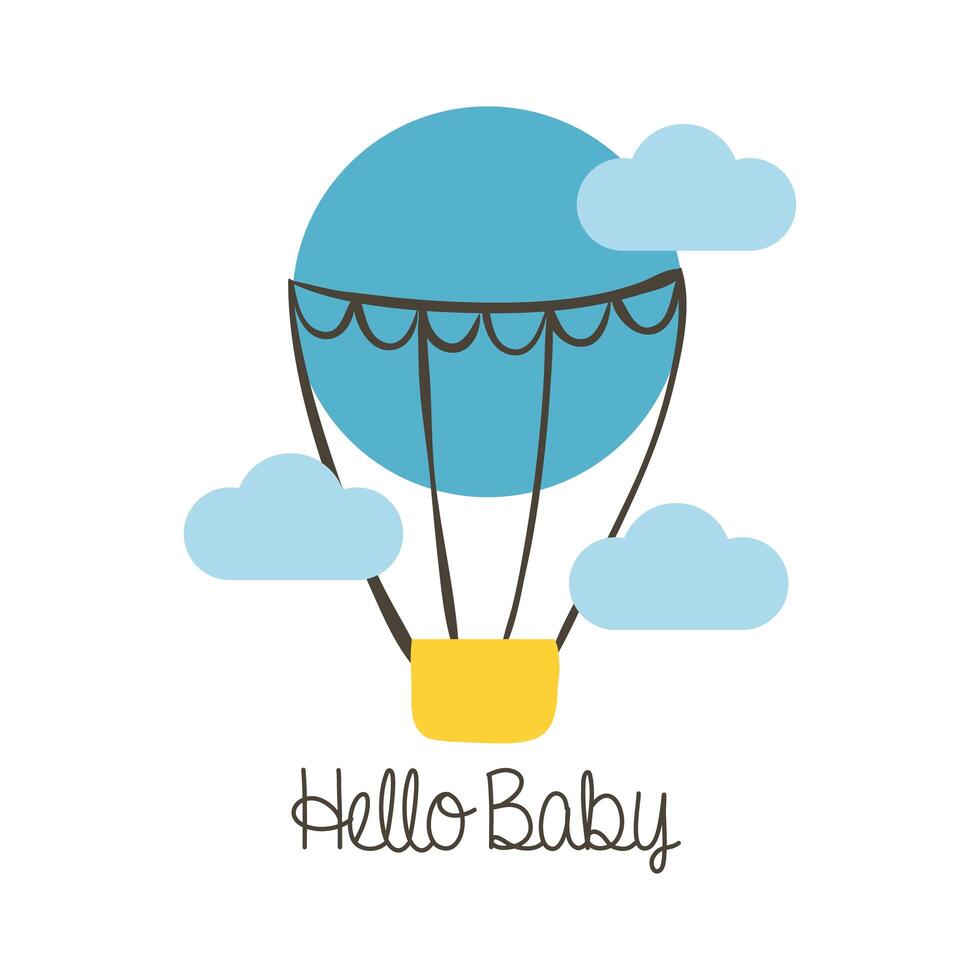 baby shower card with hot air balloon and hello baby, hand draw style vector