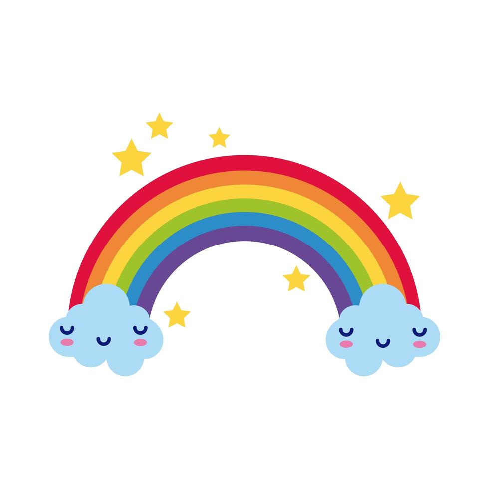 lindo arco iris con nubes, personajes kawaii y estrellas icono de estilo plano vector