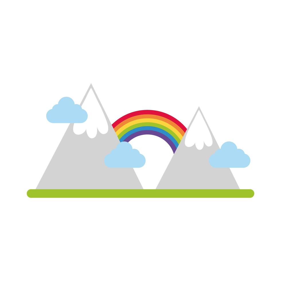 lindo arco iris con icono de estilo plano de montañas vector