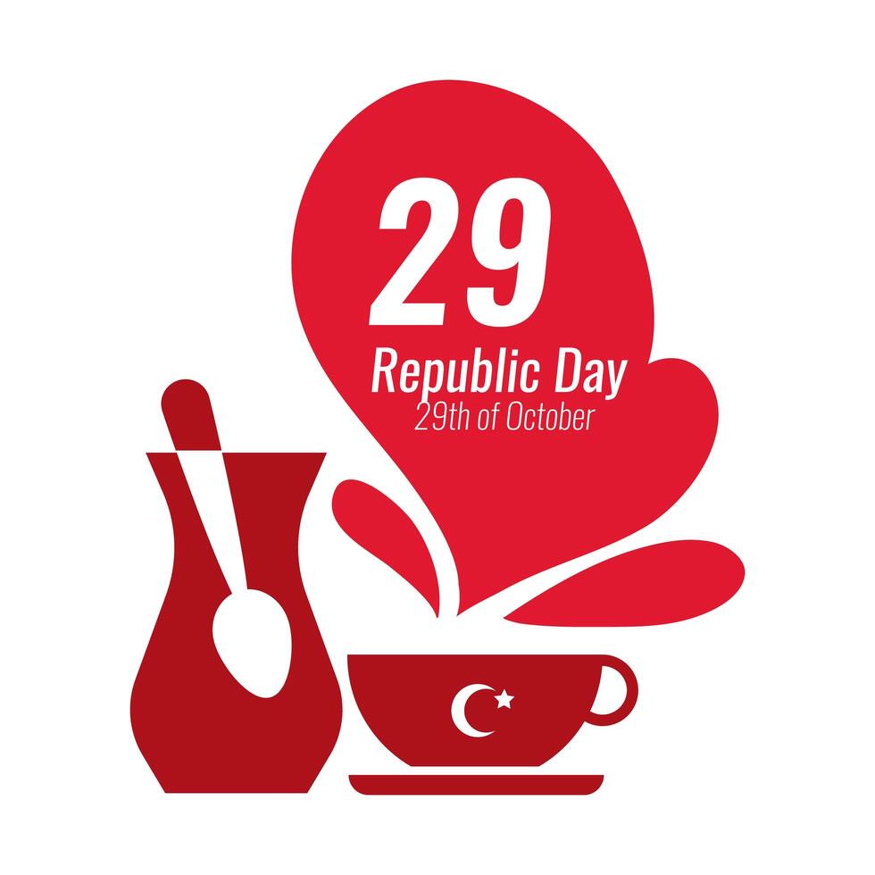 Turkey Republic Day with number 29 and teapot with teacup flat style vector