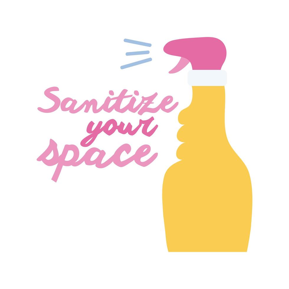 sanitize your space campaign lettering with bottle flat style vector