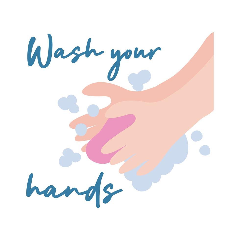wash your hands campaign lettering with water and soap bar flat style vector