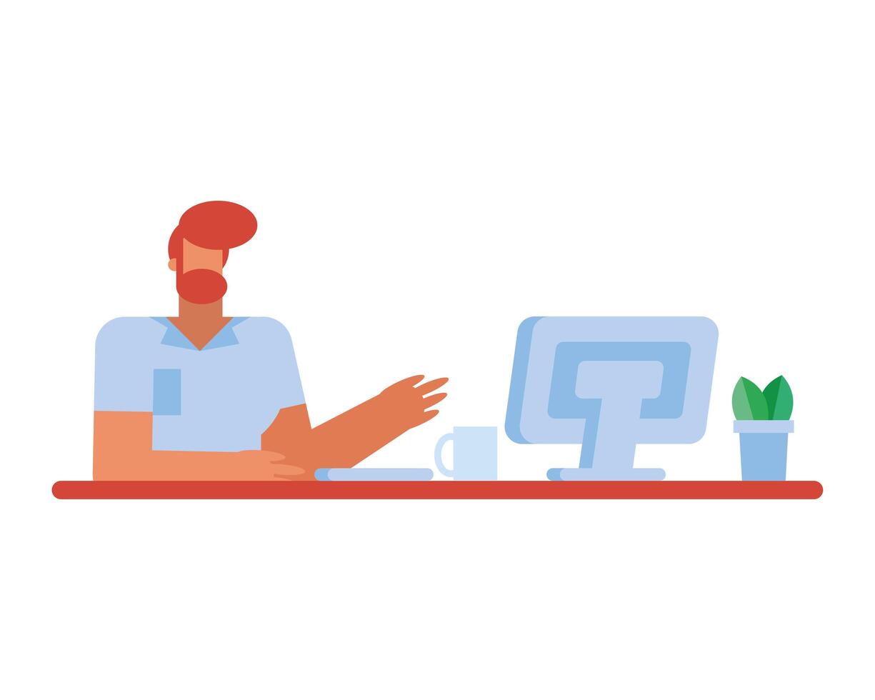 Isolated businessman cartoon with computer at desk vector design