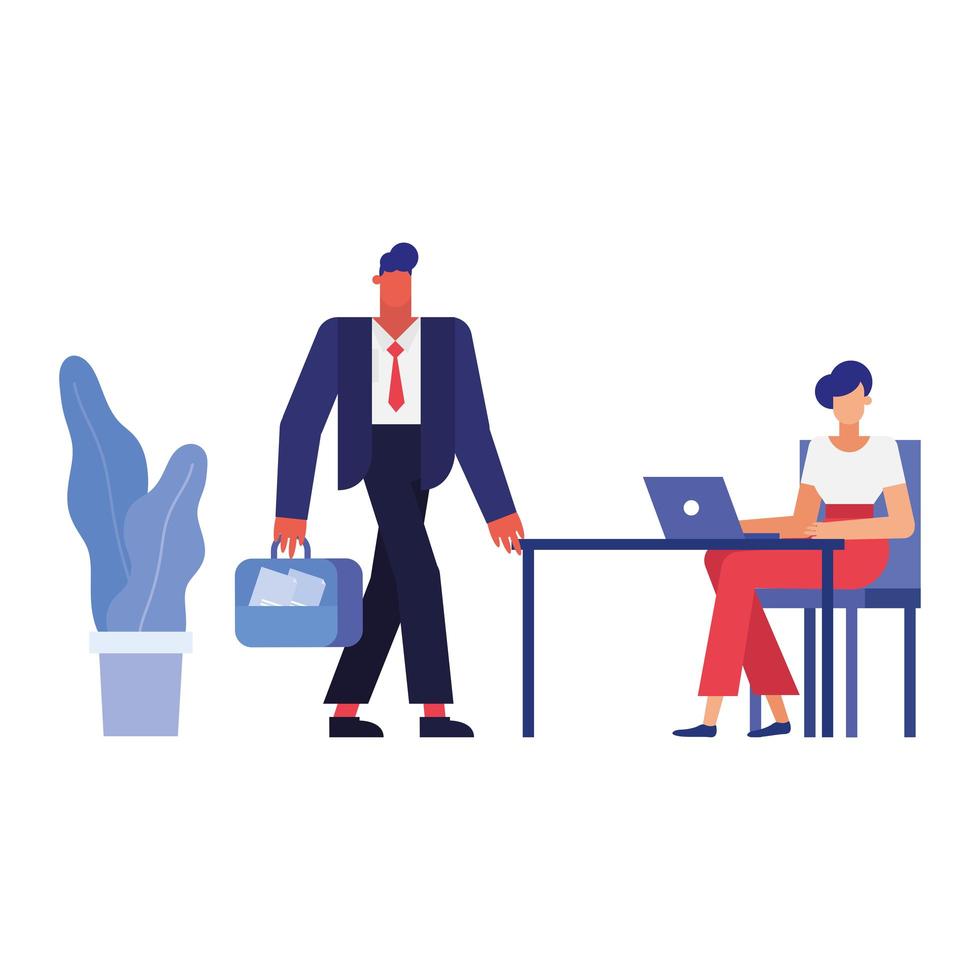 Businessman and businesswoman at desk with laptop vector design