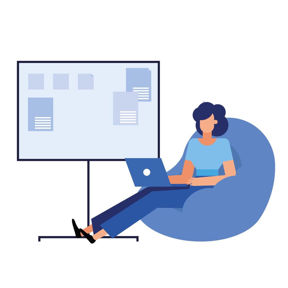 businesswoman cartoon with board and laptop vector design