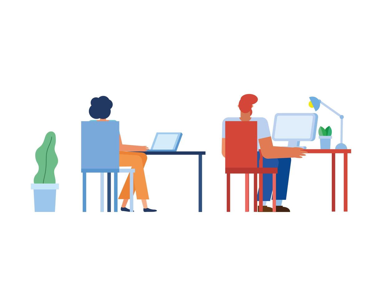Businessman and businesswoman at desk vector design