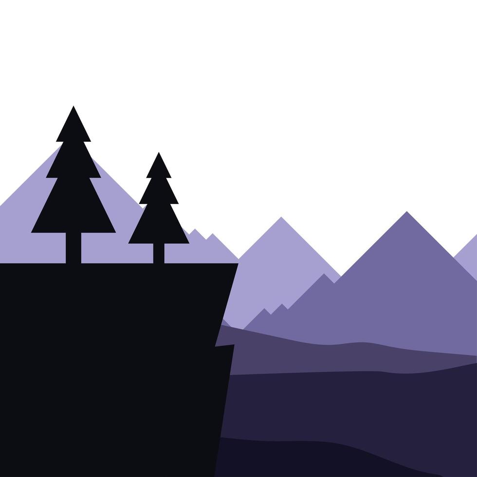 pine trees on cliff in front of mountains landscape vector design