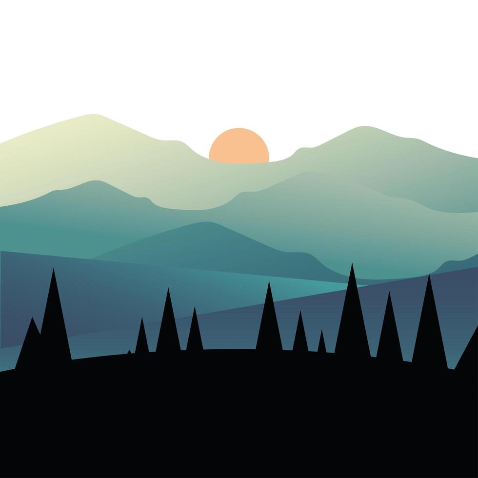 pine trees and sun over mountain landscape vector design