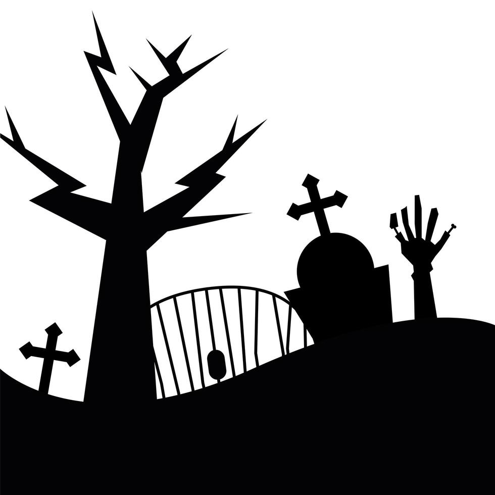 Halloween tree, grave and zombie hand design vector