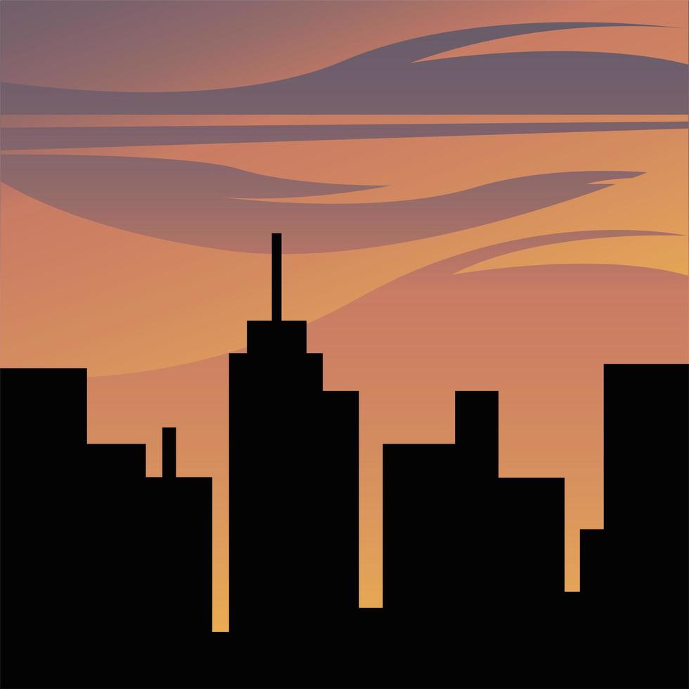 city buildings and orange sky vector design