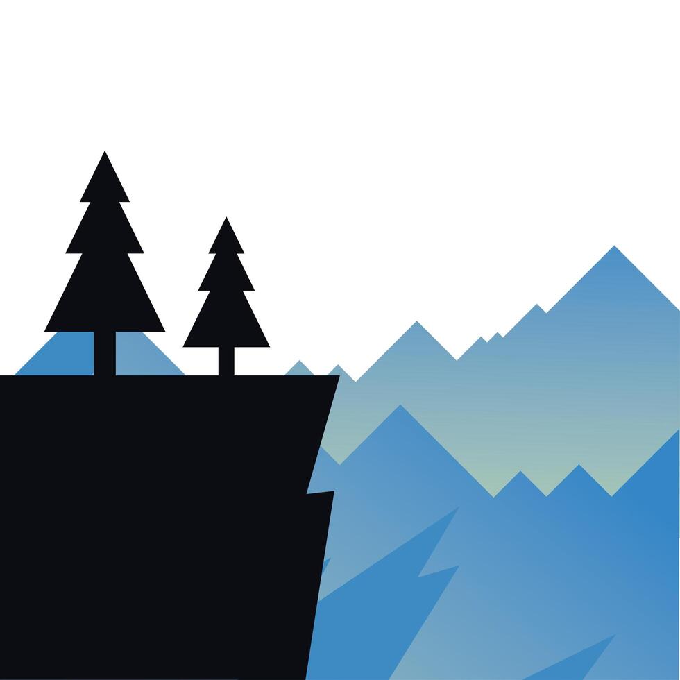 pine trees on cliff in front of mountains landscape vector design