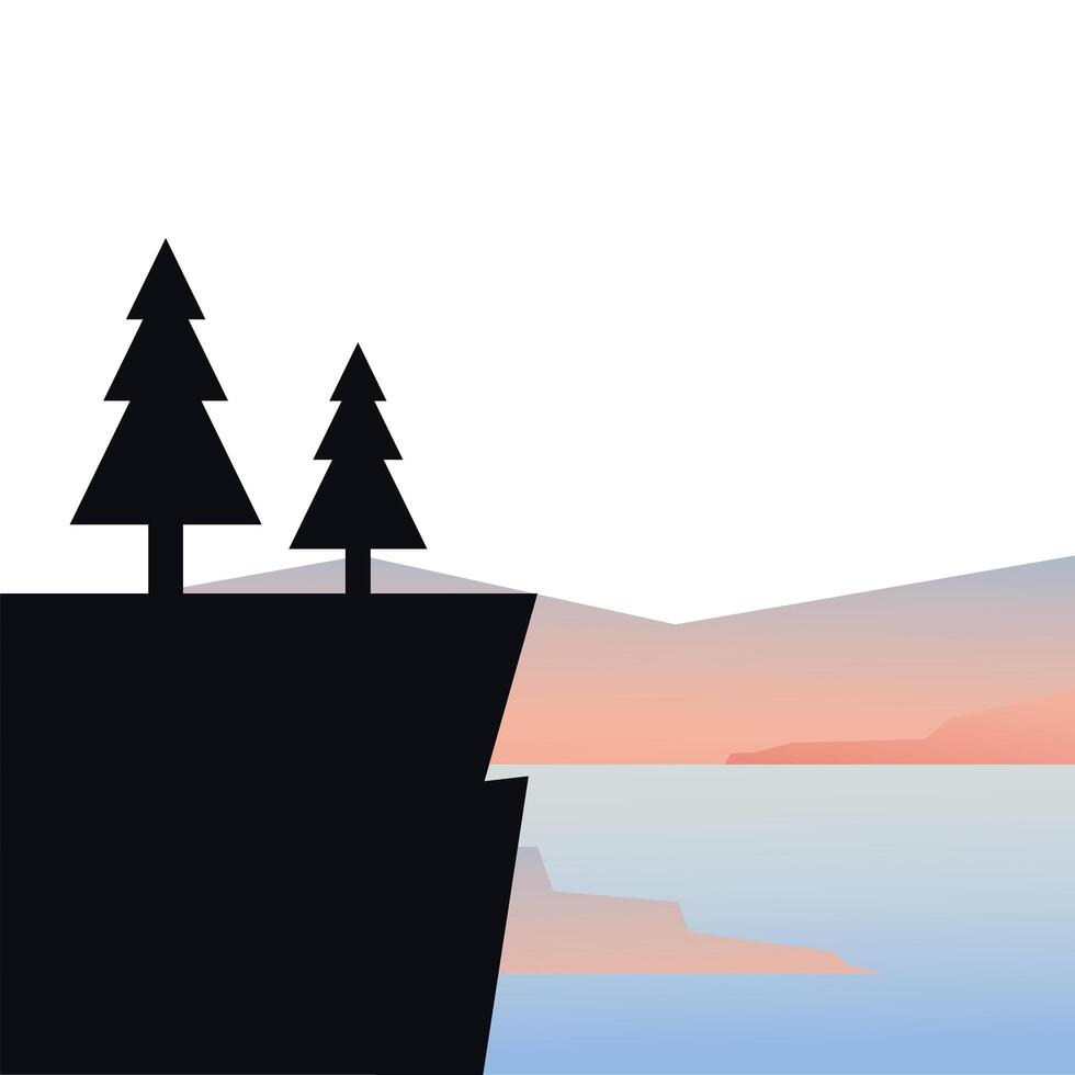 pine trees on cliff in front of lake landscape vector design