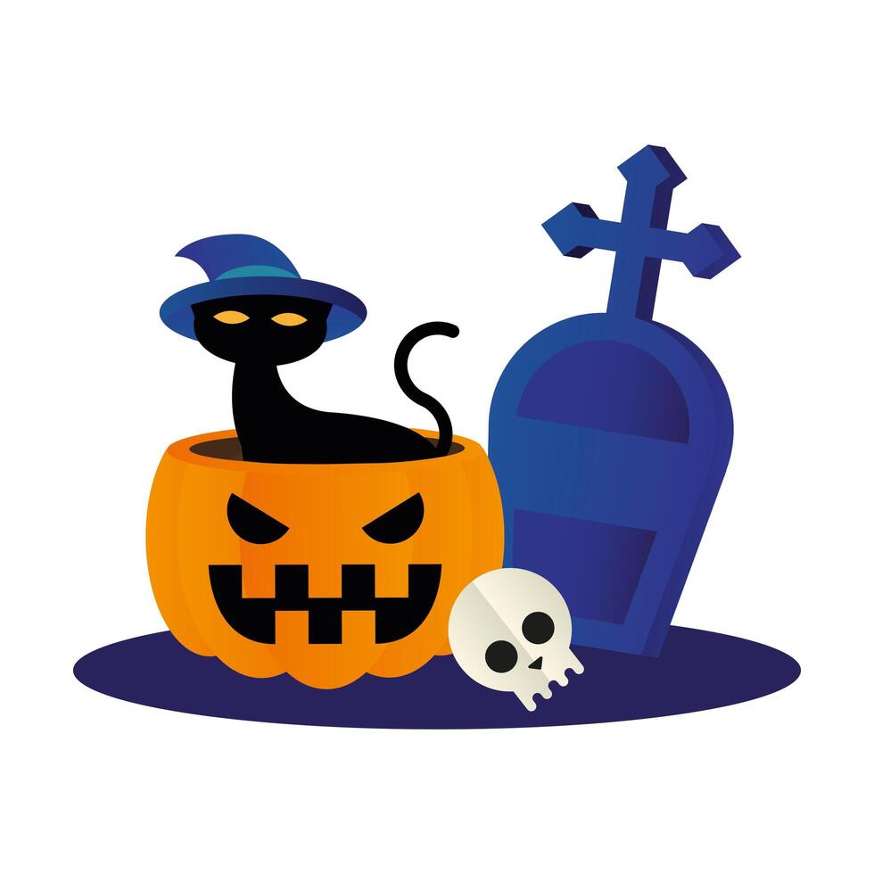 Halloween cat with hat on pumpkin with grave design vector