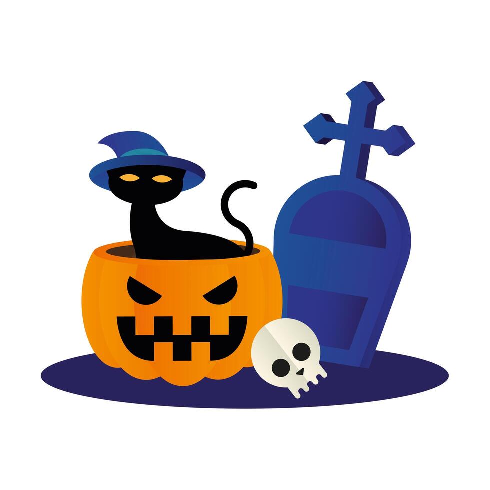 gato de halloween con sombrero en calabaza con grave diseño vectorial vector