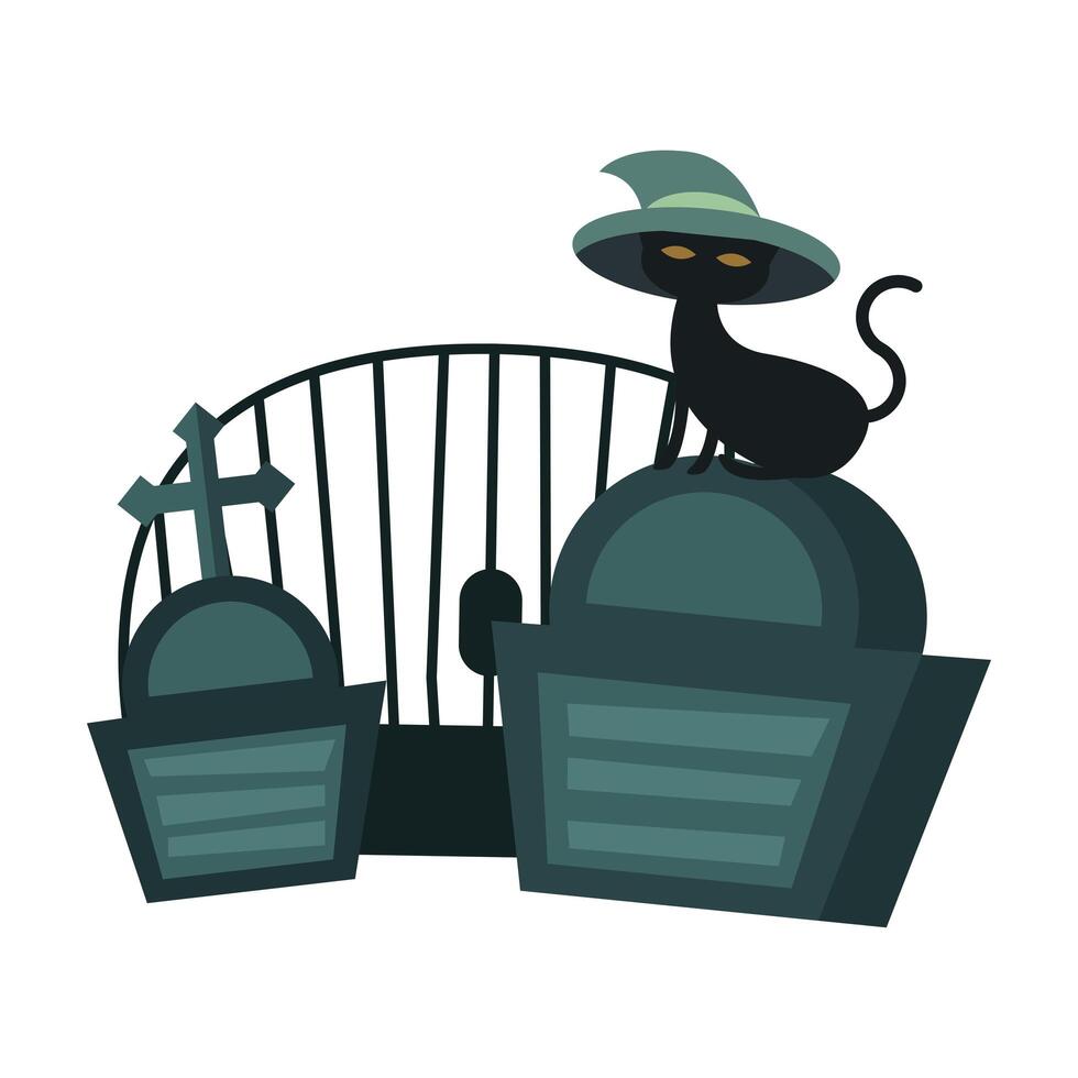 gato de halloween con sombrero en el diseño del vector del cementerio