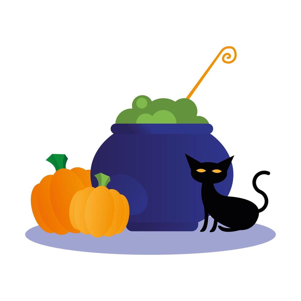 gato de halloween con diseño de vector de cuenco de bruja