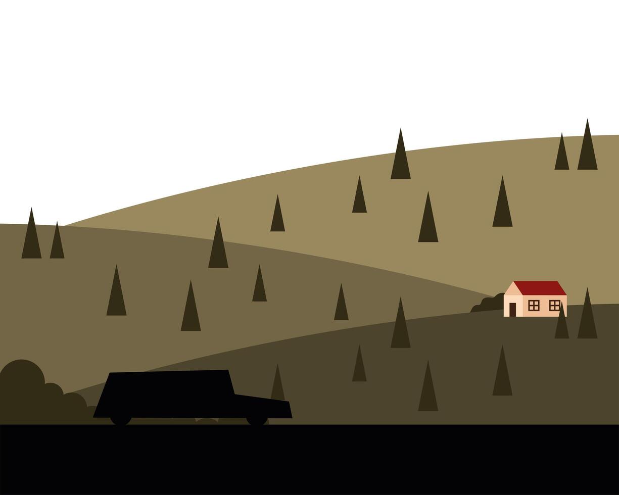 car silhouette and house on mountain with pine trees landscape vector design