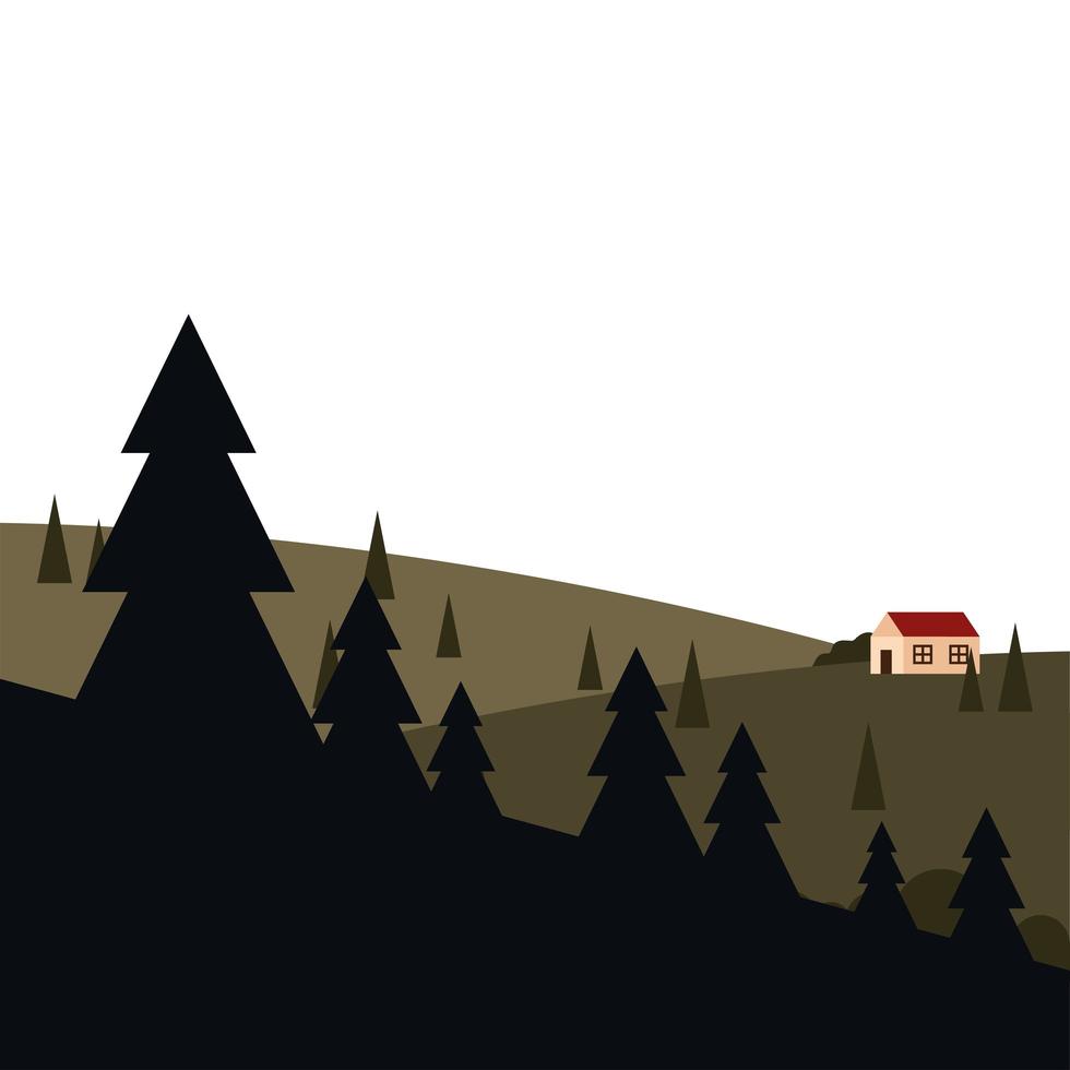 Casa en la montaña con diseño de vector de paisaje de pinos