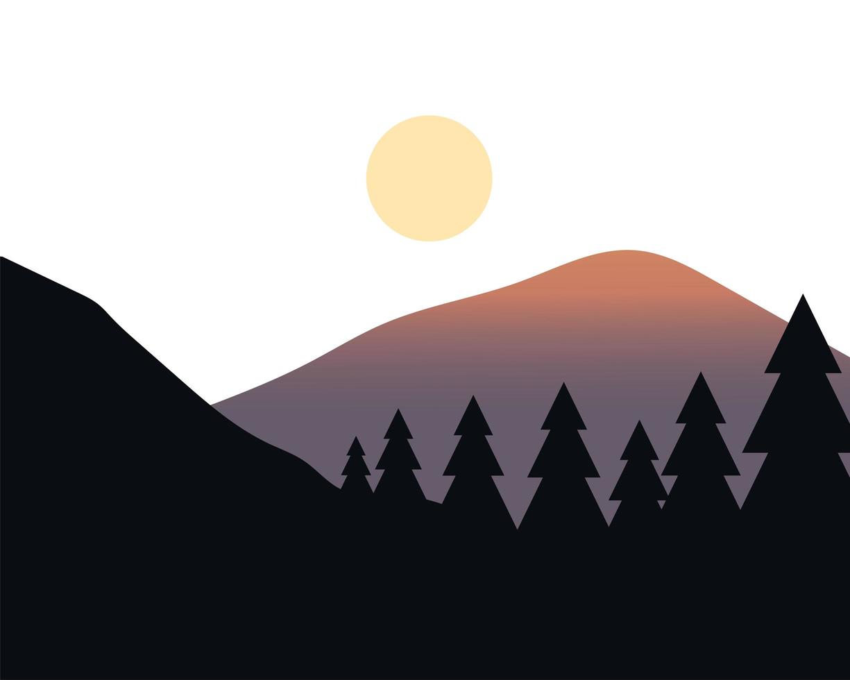 pinos y sol sobre el diseño del vector del paisaje de montaña