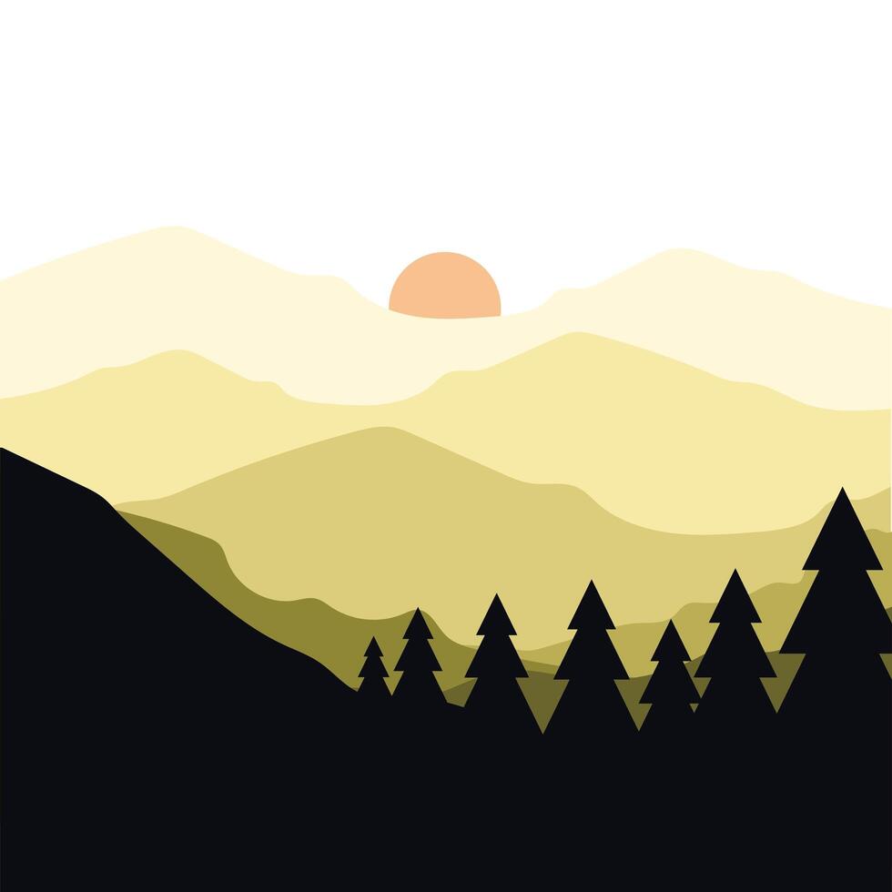 pine trees and sun over mountain landscape design vector