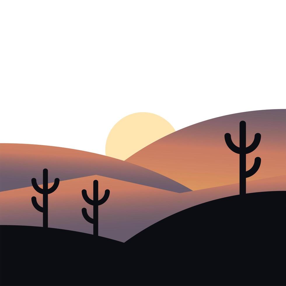 sun over mountains and cactus silhouette landscape design vector