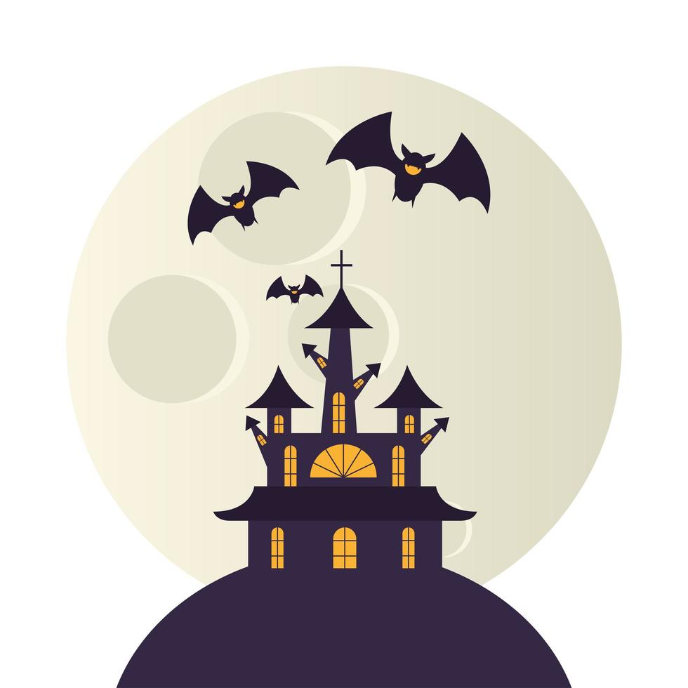 casa de halloween y luna con murciélagos vector diseño