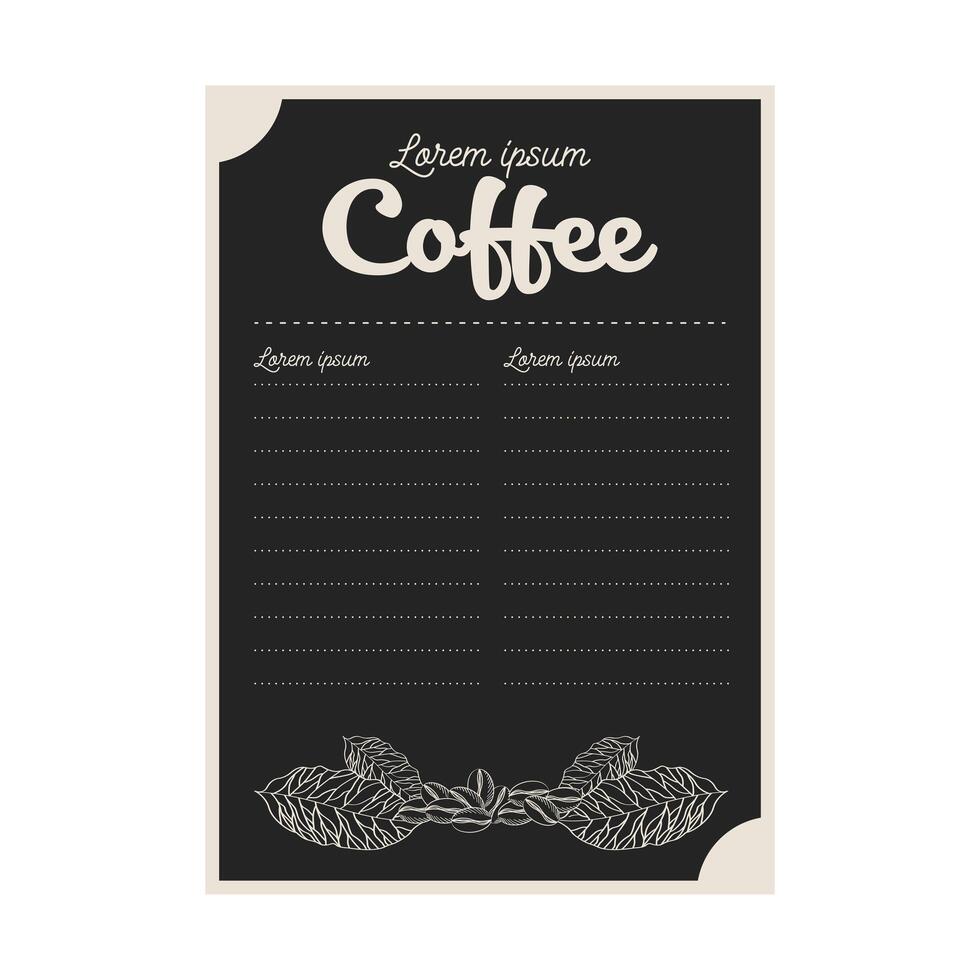 Tarjeta de menú de café negro con hojas y frijoles diseño vectorial vector