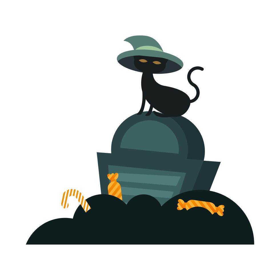 Halloween cat with hat on grave design vector