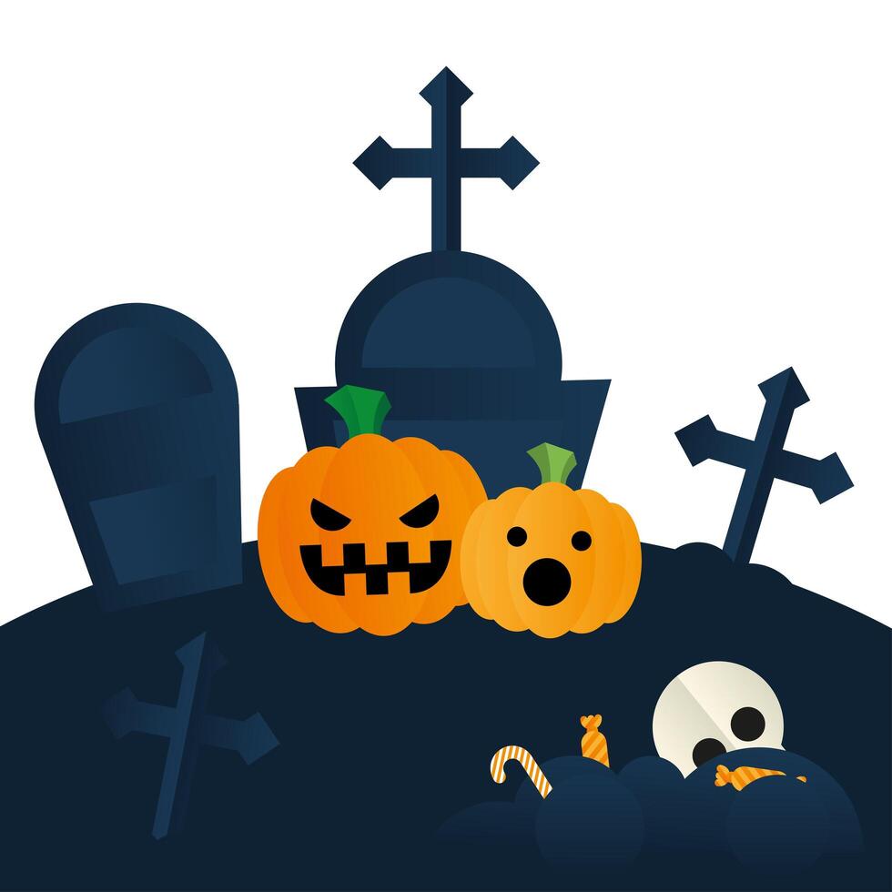 Halloween pumpkins at cemetery vector design