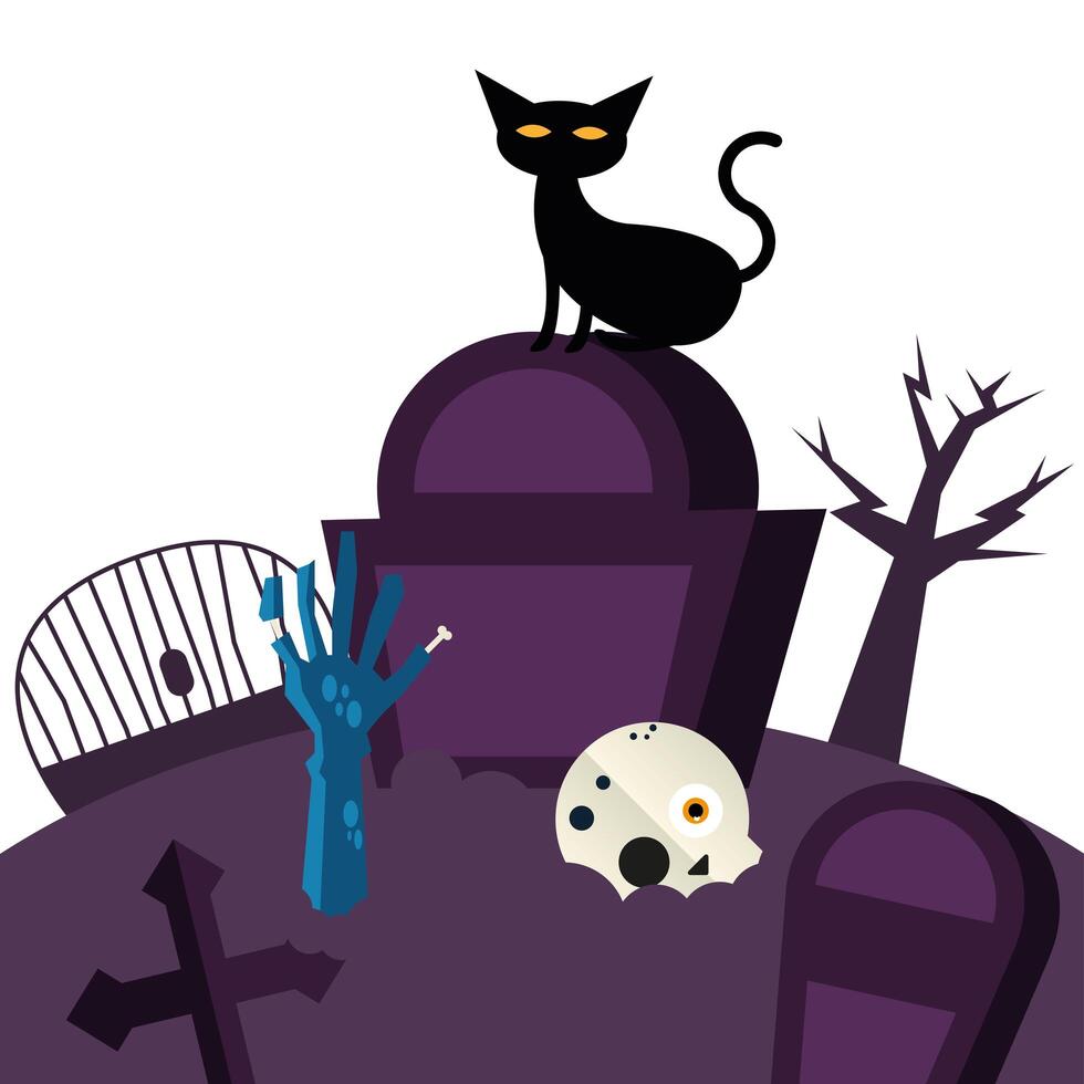Halloween cat on grave and zombie hand design vector