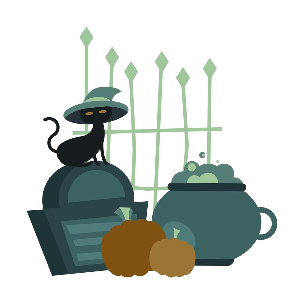 Halloween cat with hat on grave with pumpkins design vector