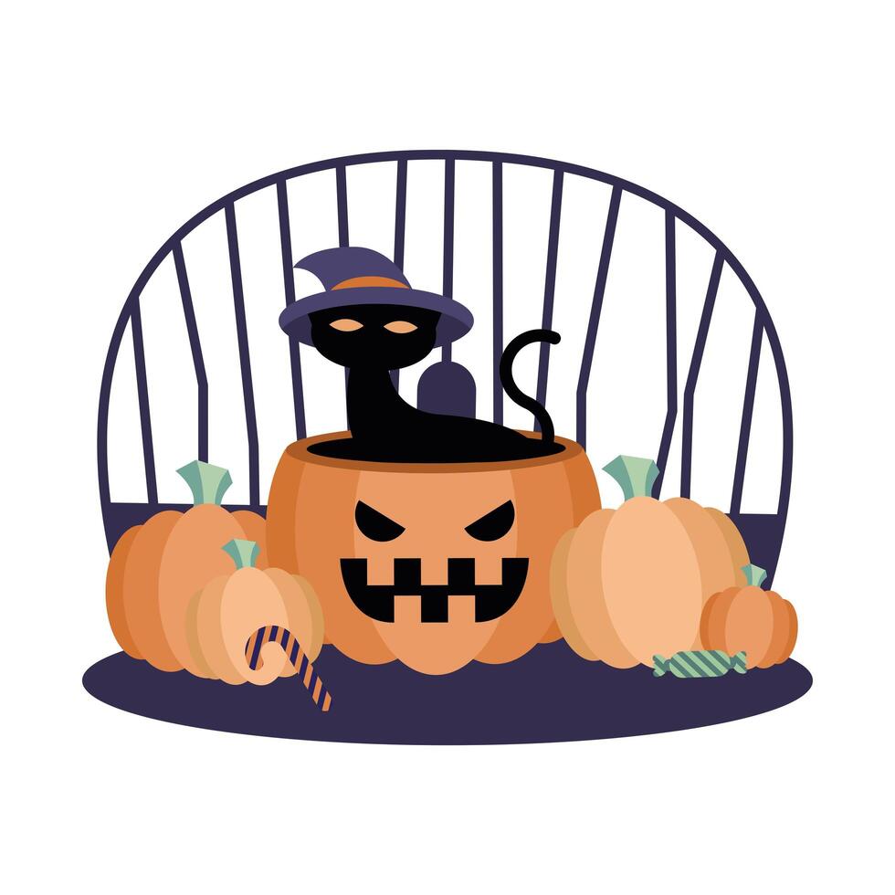 Halloween cat with hat on pumpkin vector design