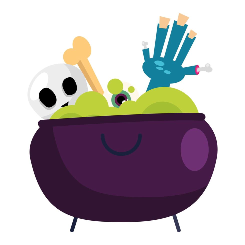halloween witch bowl with skull and zombie hand design vector