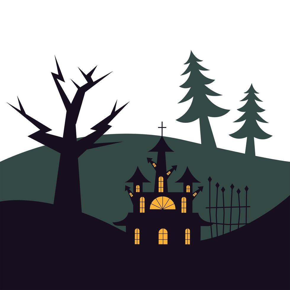 puerta de la casa de halloween y diseño vectorial de árbol vector