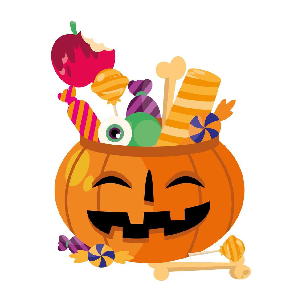 halloween pumpkin bowl with candies vector design