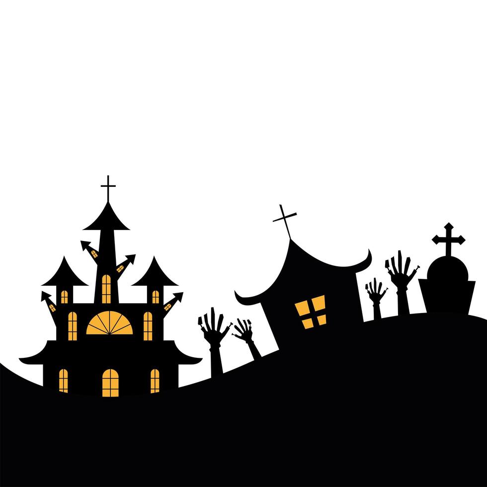 casas de halloween con manos y diseño vectorial grave vector