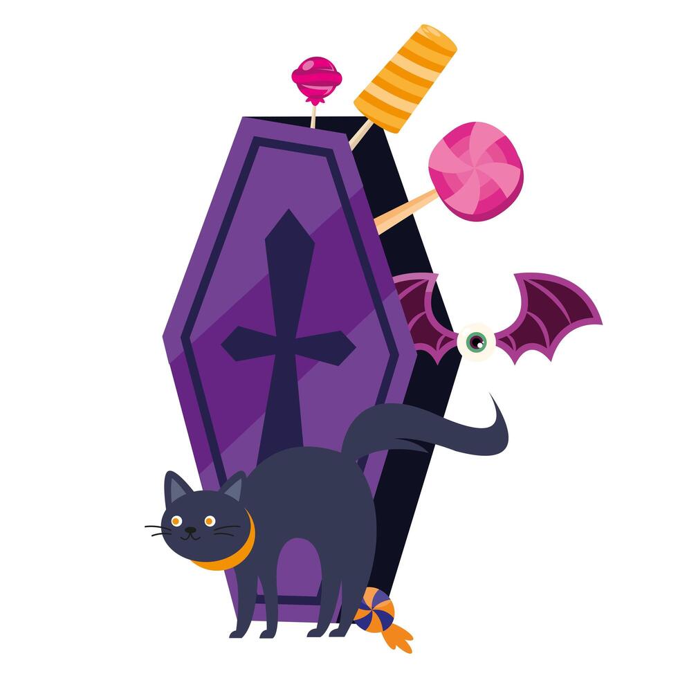 Dibujos animados de gato de Halloween y ataúd con diseño vectorial de caramelos vector