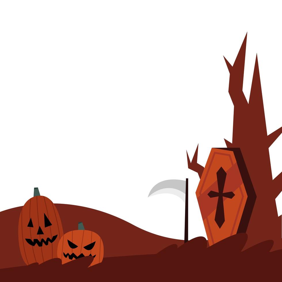 halloween pumpkins, coffin and tree vector design