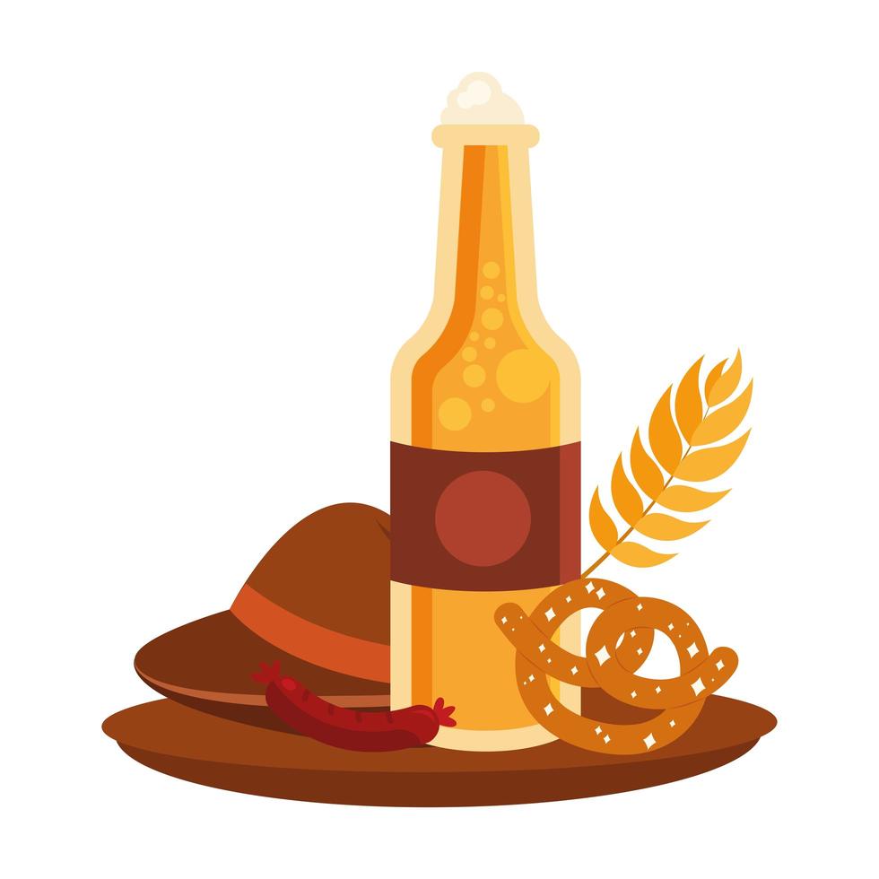 Oktoberfest cerveza botella, sombrero, salchicha y pretzel diseño vectorial vector
